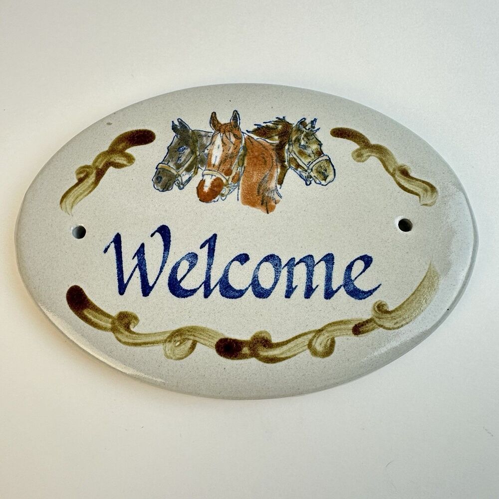 VTG Louisville Stoneware Welcome Door Plaque Sign Painted Horses 1985 KY Derby